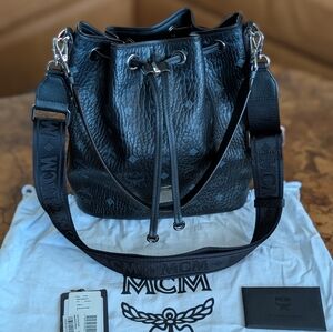MCM Black Leather Drawstring Bag